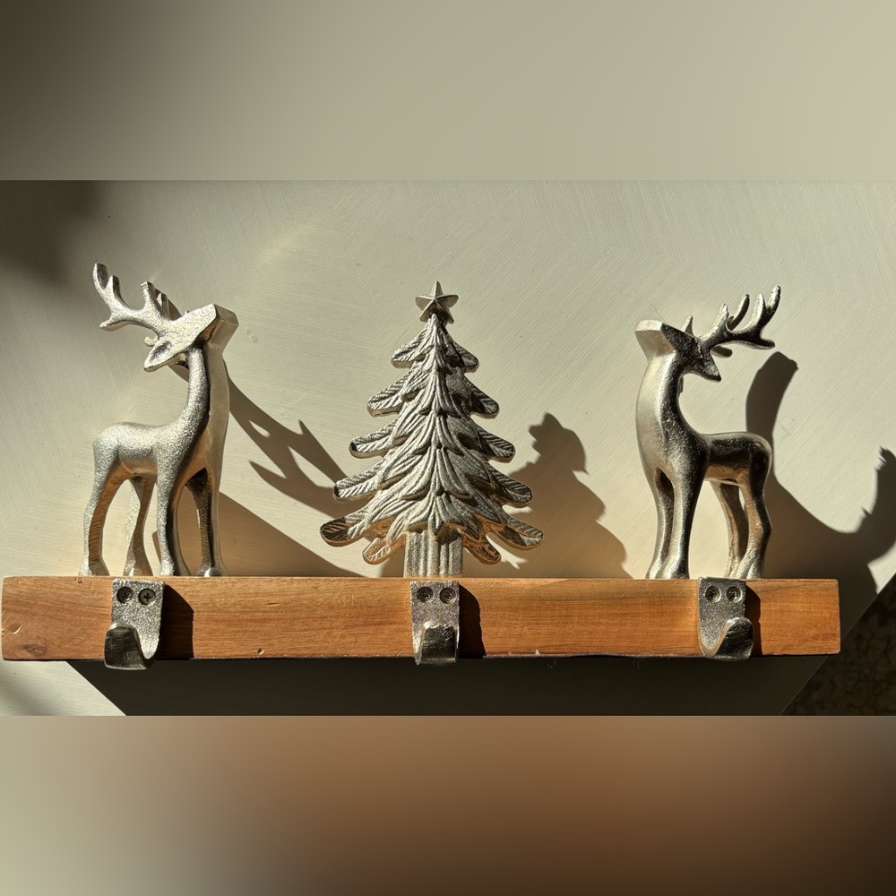 Silver Reindeer & Christmas Tree Stocking Holder Set